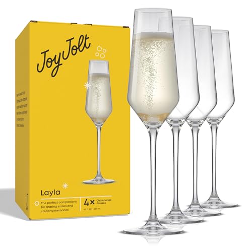 JoyJolt Champagne Glasses Layla Collection, Set of 4 – 6.7 oz Elegant Crystal Stemmed Champagne Flutes for Prosecco, Sparkling Wine, Mimosas, Cocktails, Weddings, Anniversaries, Parties - style: Champagne Glasses