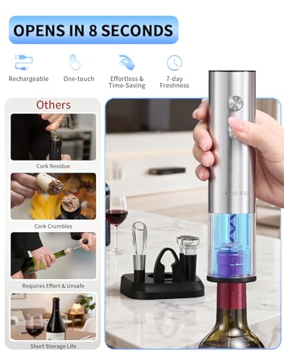 CIRCLE JOY Electric Wine Opener Stainless Steel Rechargeable Automatic Wine Bottle Opener Set 7-in-1 Wine Gifts for Wine Lovers with Charging Base, Foil Cutter, Wine Aerator Pourer & 2 Vacuum Stoppers - color: 7-in-1 Silver
