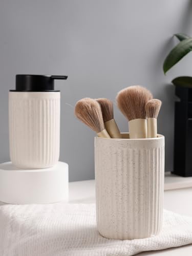 Bosilunlife Soap Dispenser and Toothbrush Holder Set - 11Oz Foam Soap Dispenser Pump Ceramic Bathroom Counter Soap Toothbrush Holder Set Beige Bathroom Accessories Set - color: Beige-cylindrical Stripes Foam