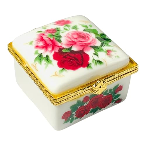 Tiny Square Porcelain Trinket Box | Pink Rose Bouquet | French Style Gift Box with Velvet Bag - style: Pink Rose Bouquet Square