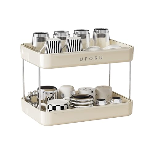 UFORU Countertop Coffee Station Organizer,Cup Rack,Mug & Wine Glass Holder | 2-Tier Cream White Mug Shelf with Removable Drain Tray,Bathroom Countertop Organizer,Spice Rack for Kitchen - color: Cream White
