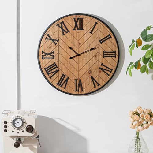 Kenning Farmhouse Wall Clock for Living Room Decor, Rustic 24'' Wall Clock | Large Decorative Wall Clock with Brown Wooden Face & Black Metal Frame, Silent Battery Operated for Kitchen Bedroom Entryway - size: 24 Inch