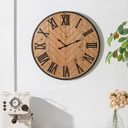 Kenning Farmhouse Wall Clock for Living Room Decor, Rustic 24'' Wall Clock | Large Decorative Wall Clock with Brown Wooden Face & Black Metal Frame, Silent Battery Operated for Kitchen Bedroom Entryway - size: 24 Inch