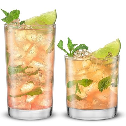 JoyJolt Alain Drinking Glasses Set of 8 Glass Tumblers. Highball 14oz Bar Glasses and Lowball 10oz Rocks Glasses Set. Cocktail, Juice, Whiskey Glasses or Water Glasses. Kitchen or Bar Glassware Set - style: Clear Glasses