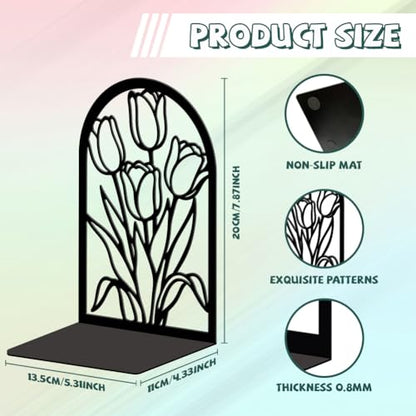 5.3"x4.3"x7.9" Metal Bookends, Heavy Duty Book Ends for Shelves | Tulips Theme Cast Iron Book Supports, 1 Pair Decor Stoppers for Desk, Library, Office & Home Shelves - style: Tulips