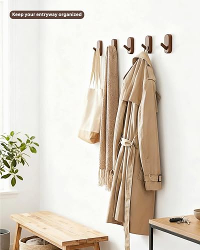 Wooden Wall Hooks for Hanging - 4 Pack Heavy Duty Coat Hooks Wall Mount- Solid Walnut Wood Hat, Bag, Backpack & Towel Hooks - Modern Key Holder for Bathroom & Entryway (Dark Walnut) - color: Dark Walnut