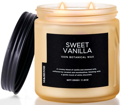 M&SENSE Sweet Vanilla Scented Candles for Home, 11.6oz Natural Soy Wax | 70-Hour Long Lasting, Clean Non Toxic, Slow Burning, Foody Scent for Stress Relief Spa, Housewarming Gift for Family Friends - color: Sweet Vanilla, size: Medium Jar