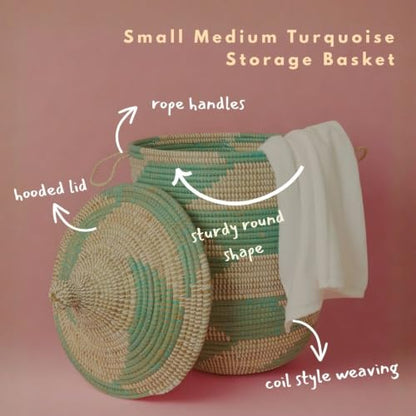 Decorative African Hooded Basket with Lid and Handles, 15" Wide, 19" Tall (Turquoise) - color: Turquoise