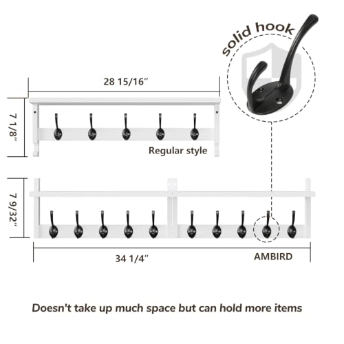 AMBIRD 34.2" L Wooden Wall Coat Hooks with Shelf - Versatile and Decorative Wall-Mounted Storage - 10 Hooks for Hanging Coats, Hats, Keys, Bags, Scarves - Ideal for Entryways, Bedrooms, Closets(White) - size: 34.2 inch, style: Modern White