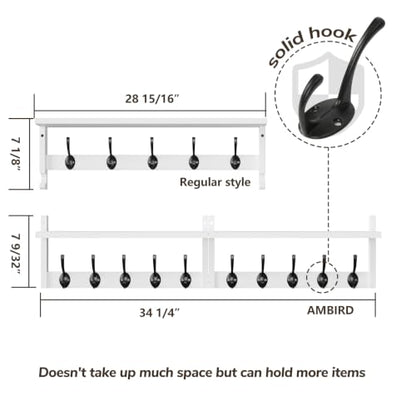 AMBIRD 34.2" L Wooden Wall Coat Hooks with Shelf - Versatile and Decorative Wall-Mounted Storage - 10 Hooks for Hanging Coats, Hats, Keys, Bags, Scarves - Ideal for Entryways, Bedrooms, Closets(White) - size: 34.2 inch, style: Modern White