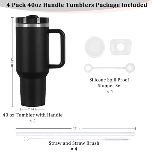 4 Pack 40 Oz Tumbler with Handle Bulk, Double Wall Vacuum Insulated Stainless Steel Tumbler with Lid and Straw, 40 oz cup with Silicone Spill Proof Stopper Set (Black) - color: Black
