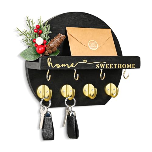 Key Holder for Wall, Key and Mail Holder Organizer - Key Holder Wall Mount with Bouquet Shelf and Key Hooks, Round Wooden Rustic Key Rack for Entryway and Home Decor (Black) - color: Black