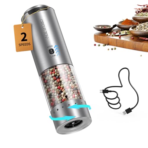 CIRCLE JOY Electric Pepper Grinder Stainless Steel Rechargeable Pepper Mill with Variable Grinding Speed, External Adjustable Coarseness, 95ml Container and White LED Light, Silver - color: 2-Speed Rechargeable
