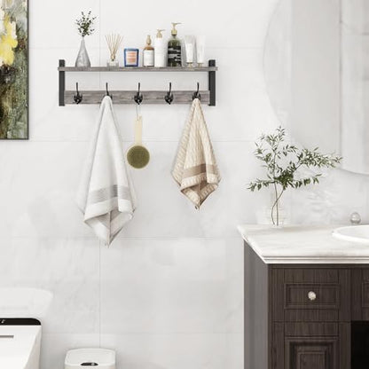 Wall Hooks With Shelf, 24 Inch Coat Rack Wall Mount for Entryway, Clothes, Backpack, Key, Purse - Floating Shelf Hanging in Bathroom, Bedroom, Hallway, Rustic Grey - color: Rustic Grey, size: 24 Inch Long