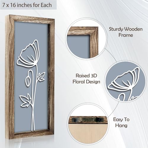 3D Wooden Floral Wall Art Decor, 4PCS 7 x 16 Inch Wood Framed Wall Art for Bathroom Living Room Bedroom Office, Rustic Farmhouse Boho Botanical Minimalist Flower Wall Hanging Decor