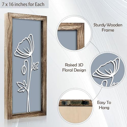 3D Wooden Floral Wall Art Decor, 4PCS 7 x 16 Inch Wood Framed Wall Art for Bathroom Living Room Bedroom Office, Rustic Farmhouse Boho Botanical Minimalist Flower Wall Hanging Decor