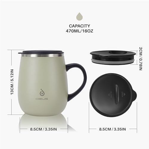 Ideus 16 oz Insulated Coffee Mug with Handle and Lid, Double Wall Stainless Steel Vacuum Thermal Coffee Mug, Travel Coffee Cup Thermal Cup for Home and Office (Celadon, FUJI DAWN) - color: Celadon