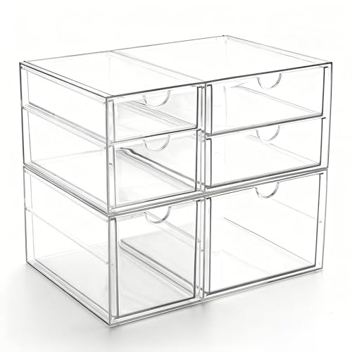 Prsildan Acrylic Makeup Organizer Clear Storage Drawer with 6 Small Drawers | Transparent, Vanity Organizers, For Bathroom Kitchen Cabinet Office Desk Under Sink, Set of 2 - size: 6 Drawers