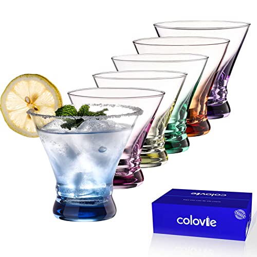 ColoVie Martini Glasses Set of 6 - Cocktail Glasses - 8oz Stemless Margarita, Bar, Dessert Glass - Colored Liquor Drinking Glassware - Cosmo, Manhattan, Espresso Martini - Cocktail Party Gift for Her | 8oz Martini Glasses for espresso martinis, cosmos, ma