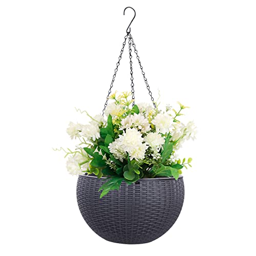 Vencer 11 Inch Round Resin Rattan Hanging Planters,Grey,VF-A15-G | Self Watering,Drain Hole,Metal Chain,Water Indicator,Indoor Outdoor - color: Gray