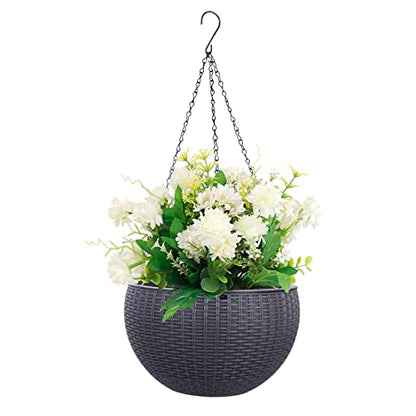 Vencer 11 Inch Round Resin Rattan Hanging Planters,Grey,VF-A15-G | Self Watering,Drain Hole,Metal Chain,Water Indicator,Indoor Outdoor - color: Gray