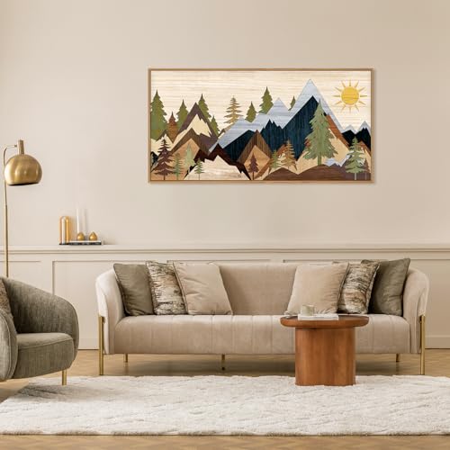 Ausri Boho Mountain Pine Tree Framed Canvas Wall Art Set -16"x24"x3 | Nature Wilderness Wall Decor Woodcut Forest Wall Painting Mid Century Modern Art Print for Living Room Bedroom Office - color: Boho Mountain Wall Art, size: 20"L x 40"W