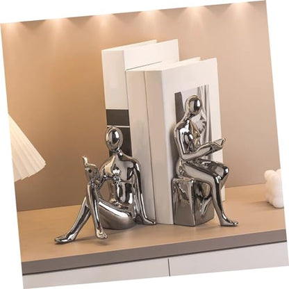 Cabilock Reading Statue Bookends Ceramic Decorative Books Desktop Figurine for Tabletop Bookshelf Decoration