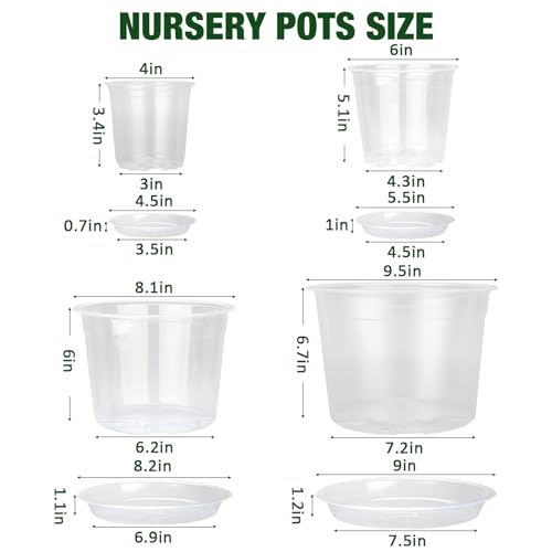 10/8/6/4 Inch Clear Nursery Pots with Drainage Holes and Saucers, 12 Pack Large Clear Pots for Plants Variety Pack, Plastic Nursery Pots for Succulents, Seedings, Herbs, Flowers, Vegetables - size: 4/6/8/10 inch-With saucer