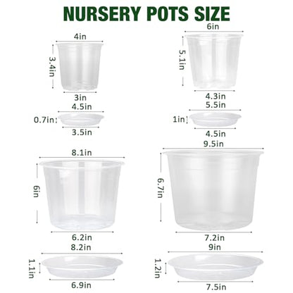 10/8/6/4 Inch Clear Nursery Pots with Drainage Holes and Saucers, 12 Pack Large Clear Pots for Plants Variety Pack, Plastic Nursery Pots for Succulents, Seedings, Herbs, Flowers, Vegetables - size: 4/6/8/10 inch-With saucer