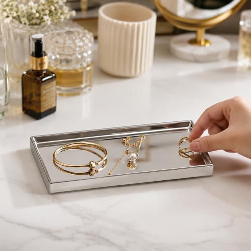 8" x 4" Shiny Silver Ceramic Vanity Tray, Rectangular Mirror Finish Jewelry Organizer, Elegant Trinket Dish for Makeup, Rings, Perfume and Small Bathroom Dresser Decor - size: 8" x 8" x 0.8"