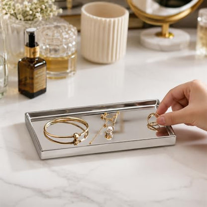11" x 6.2" Shiny Silver Ceramic Vanity Tray, Rectangular Mirror Finish Jewelry Organizer, Elegant Trinket Dish for Makeup, Rings, Perfume and Small Bathroom Dresser Decor - size: 11" x 11" x 1"