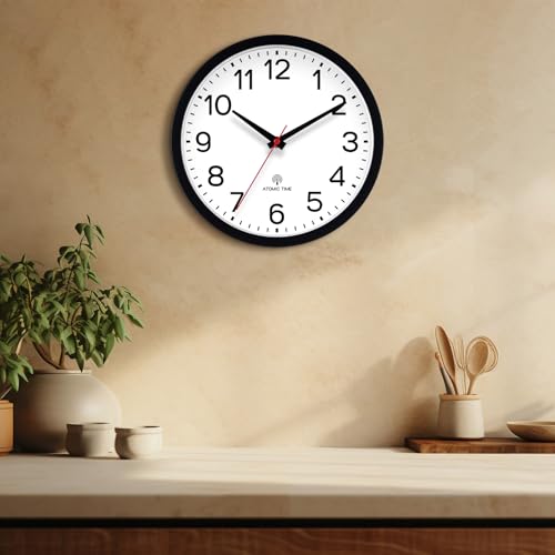 AKCISOT 10 Inch Wall Clock, Silent Battery Operated Analog Clock, Black | Atomic | Classroom | Kitchen | Office | Easy to Read Numbers | Garage - color: Atomic_black, size: 10 Inch