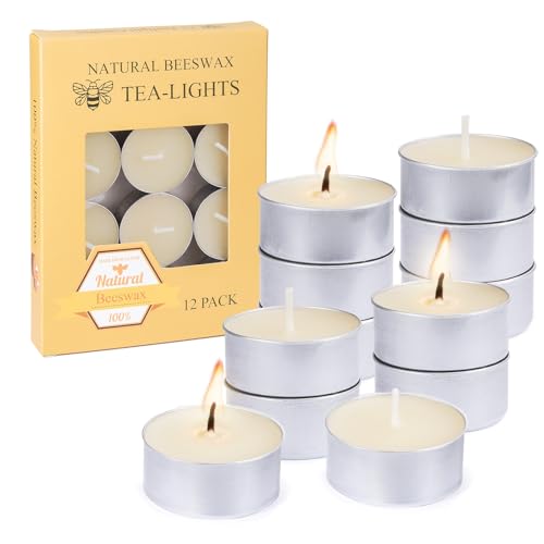Natural Ivory White Beeswax Tealight Candles in Metal Aluminum Cup, 12-Pack | Organic, Small Candle, Unscented, Smokeless, 4-5 Hours Burning, Natural smell, 100% Pure Beeswax, Cotton wick, Clean Burn