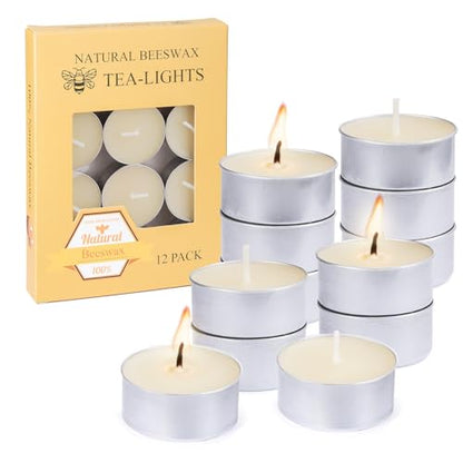 Natural Ivory White Beeswax Tealight Candles in Metal Aluminum Cup, 12-Pack | Organic, Small Candle, Unscented, Smokeless, 4-5 Hours Burning, Natural smell, 100% Pure Beeswax, Cotton wick, Clean Burn