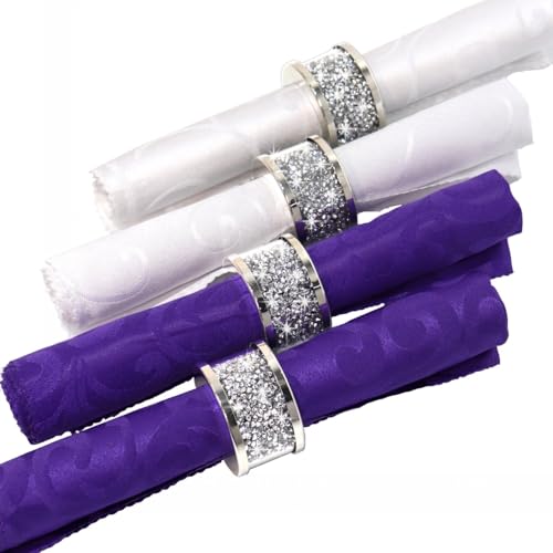 Silver Diamond Napkin Rings (Silver 4 Pack) | Crystal Glass Napkin Holder Glam Crushed Diamond Table Settings Bling Serviette Buckles Cloth Holder - color: Silver 4 Pack