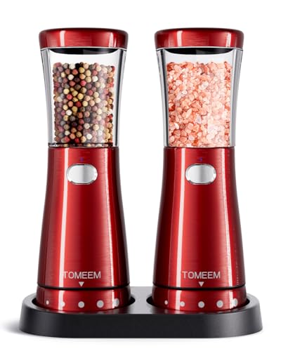 Electric Salt and Pepper Grinder Set with Storage Base, Stainless Steel Rechargeable Salt and Pepper Grinder Set with 4.5 oz Large Capacity, 1.8" Wide Mouth, Adjustable Coarseness, Ideal for Kitchen - color: Bright Red