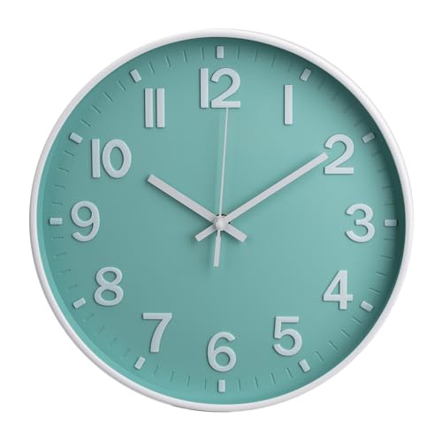 Wall Clock Silent Modern Round Decor Clock Non-Ticking Battery Operated Stereoscopic Dial Analog Wall Clocks for Living Room/Bedroom/Office/Kitchen (Mint Green, 12 inch) - color: Mint Green, size: 12 Inch