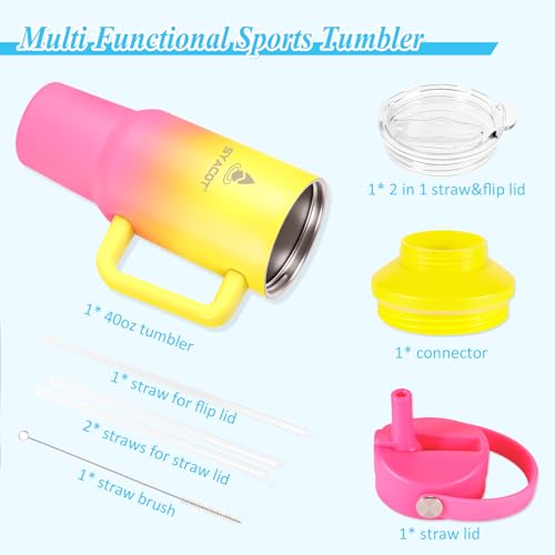 40 oz Tumbler with Handle and Straw or Convert to 40 oz Insulated Water Bottle Fits in Cup Holder. Stainless Steel Metal Water Flask with 2 Lids for Travel,Camping,Gym Sports Coffee Mug Thermal Cup - color: Rainbow