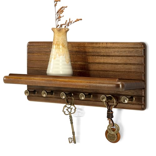 Rebee Vision Acacia Wood Key Holder Wall Mount for Entryway, Brown | Key Holder for Wall, Round Corner, Funtional Floating Shelf, Mail Organizer, Apartment Storage, Practical Home Essential - color: Acacia, size: Medium-11inch