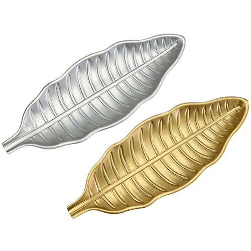 Wooden Leaf Platter for Entryway Table - Key & Accessories Tidy Tray Desktop - Jewelry Dish for Livingroom Organizing - 2pcs 16 Inch Decorative Shallow Trays in Gold & Silver Color - color: Leaf Tray Gold Silver