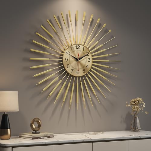 Cuspin 24 Inch Gold Wall Clock, Large Sunburst Mid Century Modern Clocks for Living Room Decor, Silent Non Ticking Battery Operated Decorative Wall Clock for Bedroom, Kitchen, Office - color: Gold Atomic Sunburst, size: Small