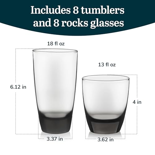 Libbey Classic Tumbler & Rocks Drinking Glasses Set of 16, Clear Glass Cups | 18 oz and 13 oz Capacities for Water, Soda, Cocktails, and More with Smoke-Tinted Bases and Dishwasher-Safe Cleanup - color: 03 - Classic Smoke