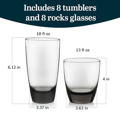 Libbey Classic Tumbler & Rocks Drinking Glasses Set of 16, Clear Glass Cups | 18 oz and 13 oz Capacities for Water, Soda, Cocktails, and More with Smoke-Tinted Bases and Dishwasher-Safe Cleanup - color: 03 - Classic Smoke