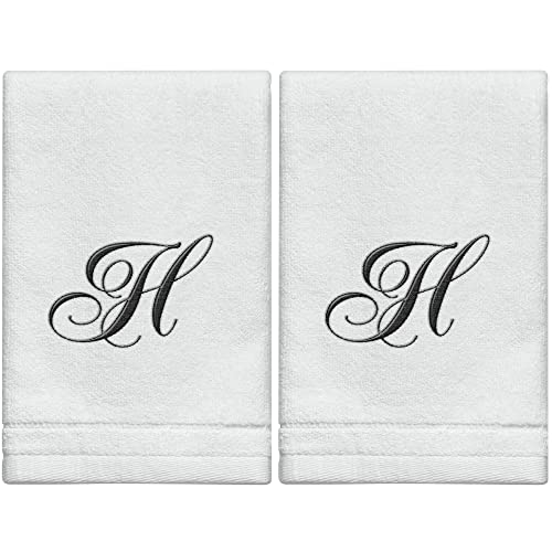 Monogrammed Towels Fingertip, Personalized Gift, 11 x 18 Inches - Set of 2- Black Embroidered Towel - Extra Absorbent 100% Cotton- Soft Velour Finish - For Bathroom/ Kitchen/ Spa- Initial H (White) - color: H