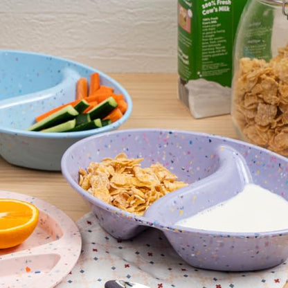 Confetti Divided Bowl Set of 2, 100% Melamine BPA-Free Stackable Unbreakable Bowls with Two Compartments, Ideal for Snacks, Chips & Dips, Cereal, Dishwasher-Safe Color: Purple - color: Confetti Purple