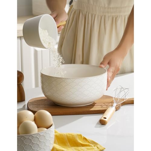 Mikiegy Ceramic Mixing Bowls Set of 4, Nesting Ceramic Embossment Stoneware Mixing Bowls for Cooking, Serving, Popcorn, Salad etc, Microwave & Dishwasher Safe, 20/44/98/145 oz, Off-White - size: 20&44&98&145 oz