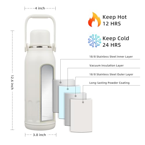 BJPKPK Stainless Steel Insulated Bottle with Handle & Strap, 50oz | Leak-proof vacuum insulation keeps drinks cold/hot for hours. BPA-free, dishwasher safe. Includes handle & strap. Beige. - color: Beige, size: 50 Ounces