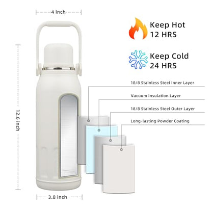 BJPKPK Stainless Steel Insulated Bottle with Handle & Strap, 50oz | Leak-proof vacuum insulation keeps drinks cold/hot for hours. BPA-free, dishwasher safe. Includes handle & strap. Beige. - color: Beige, size: 50 Ounces