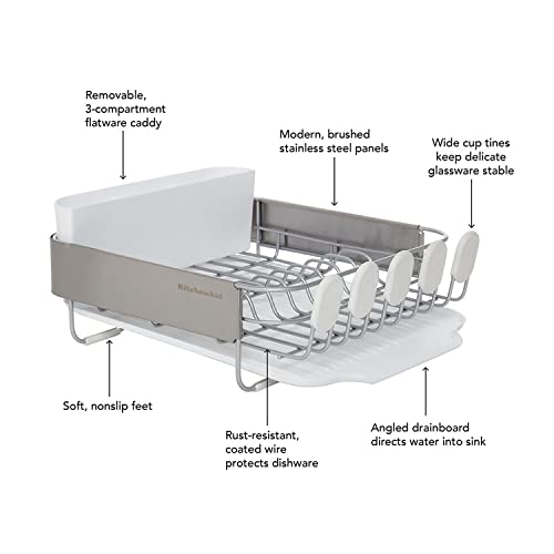 KitchenAid Compact Satin Wire Rust Resistant, Expandable Dish Rack with Angled Self Draining Drainboard with Removable Flatware Caddy, 23.18-Inch, Gray - color: White, size: Compact
