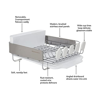 KitchenAid Compact Satin Wire Rust Resistant, Expandable Dish Rack with Angled Self Draining Drainboard with Removable Flatware Caddy, 23.18-Inch, Gray - color: White, size: Compact